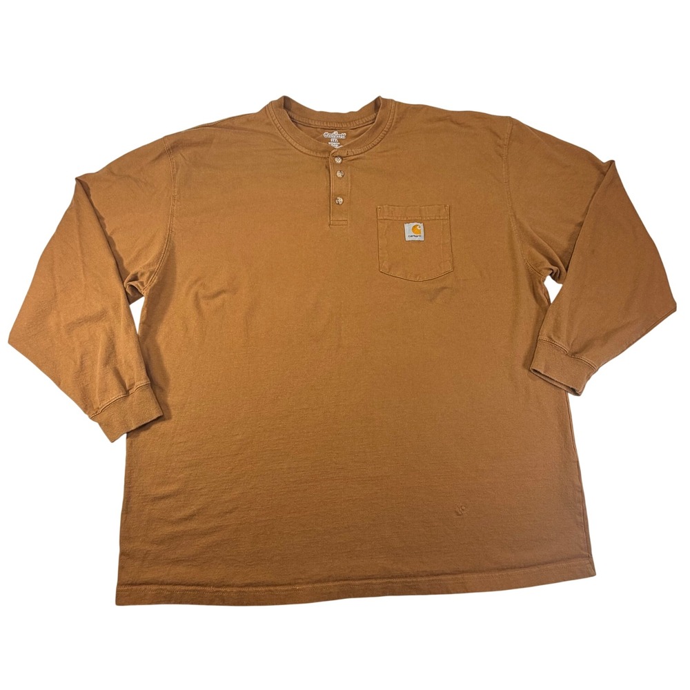Carhartt Henley Pocket T-Shirt Mens 2XL Brown Long Sleeve Cotton Workwear Casual